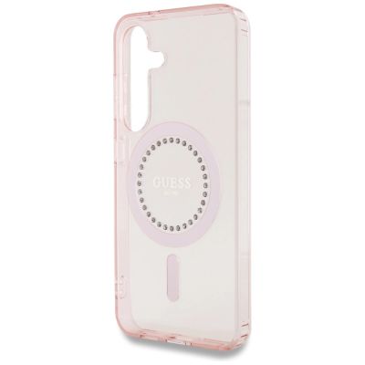 6. Guess Rhinestones Printed Classic Logo MagSafe Samsung Galaxy S25 Case Pink
