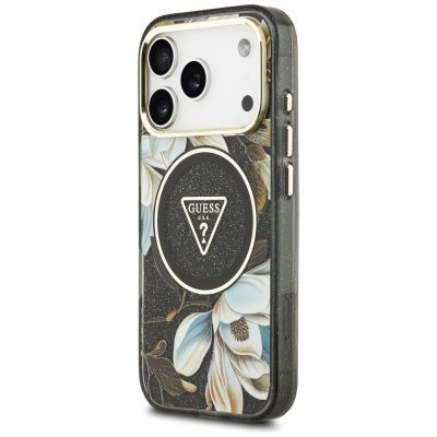 2. Guess IML Glitter Flowers Triangle MagSafe Case for iPhone 17 Pro / 18 Pro - Black