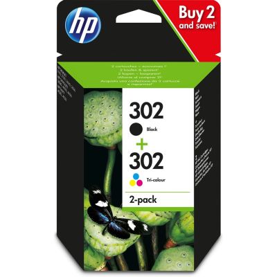 HP Ink Cartridge Set HP 302+HP 302, HP302+HP302=X4D37AE, Includes Black and Color, F6U66AE+F6U65AE