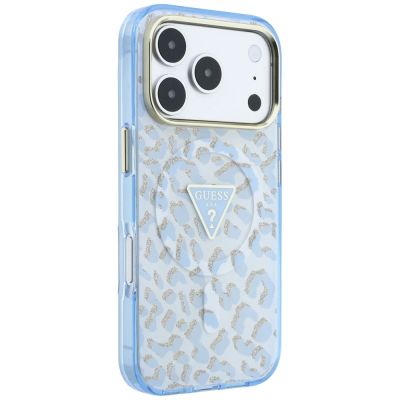 4. Guess IML Leopard Glitter Triangle Logo MagSafe Case for iPhone 17 Pro Max / 18 Pro Max - Blue