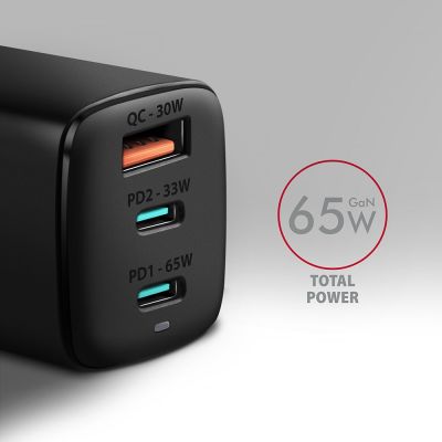 2. AXAGON ACU-DPQ65 Wall charger, GaN 65W, 3x port (USB-A + dual USB-C), PD3.0/QC4+/PPS/Apple