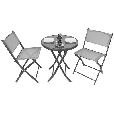 25. BALCONY FURNITURE SET ROUND TABLE AND 2 FOLDING CHAIRS GRAY