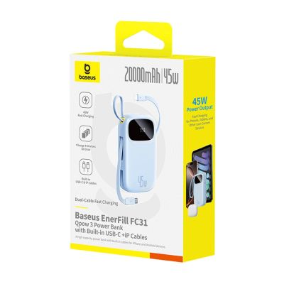 3. Baseus EnerFill FC31 20000mAh 45W Power Bank with Display with USB-C and Lightning Cables - Blue