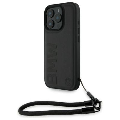 BMW Signature Leather Wordmark Cord Case for iPhone 16 Pro - Black