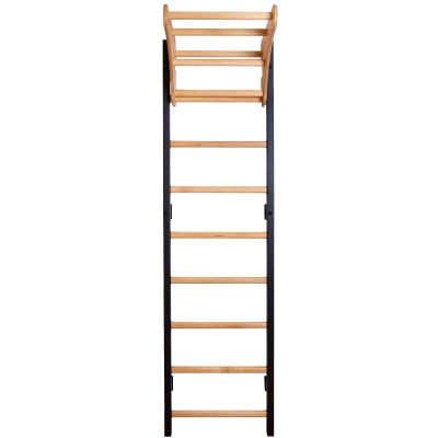9. GYMNASTIC WOODEN AND METAL WALL BAR WITH 6 HANDLES WITH A WOODEN BAR BENCHK 711B