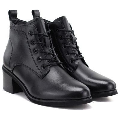9. Women's leather lace-up high-heeled ankle boots, black, Vinceza EN27-133107