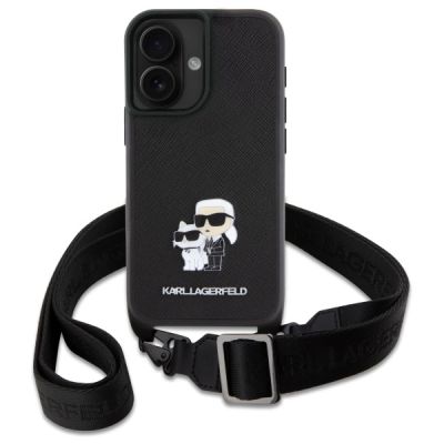 2. Karl Lagerfeld Saffiano Karl&Choupette Metal Pin CBDY Strap iPhone 16 Case - Black