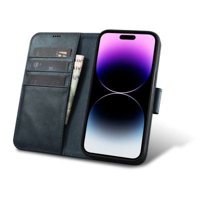 2. iCarer Oil Wax Wallet Case 2in1 Cover iPhone 14 Pro Anti-RFID Leather Flip Case Blue (WMI14220722-BU)