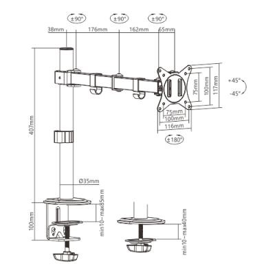 9. GEMBIRD ADJUSTABLE DESK MONITOR ARM/HOLDER 17-32, VESA 100X100MM, UP TO 9KG