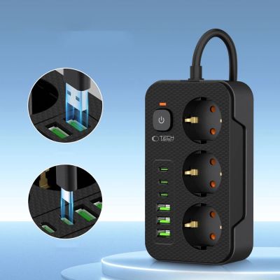3. Tech-Protect PC3X6 Power Strip 3 Sockets 240V + 3xUSB-A + 3xUSB-C 200cm - Black
