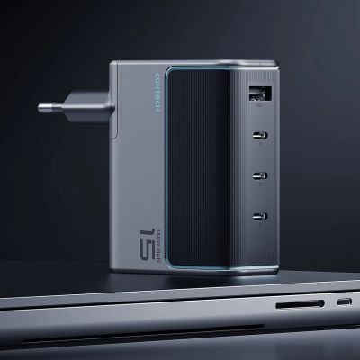 3. Cuktech AD1404UEU 140W GaN 3x USB-C + USB-A Wall Charger with USB-C Cable - Gray