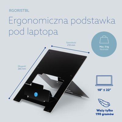 9. Riser Flexible Laptop Stand – adjustable – black – Black – 25.4 cm (10 inches) – 55.9 cm (22 inches) – aluminium – 5 kg – 135–220 mm
