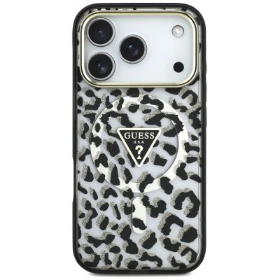 3. Guess IML Leopard Glitter Triangle Logo MagSafe Case for iPhone 17 Pro / 18 Pro - Black