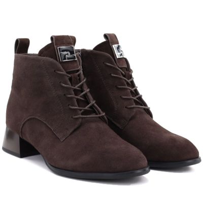 9. Women's leather ankle boots with high heels, suede, dark brown, Vinceza FIO27-67036