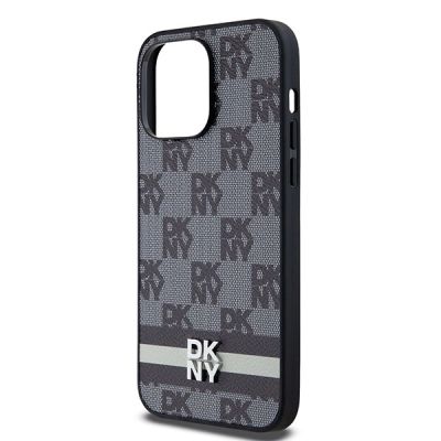 6. DKNY Leather Checkered Mono Pattern & Printed Stripes Case for iPhone 14 Pro Max - Black