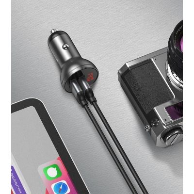12. Baseus 2x USB 4.8A 24W car charger with LCD + 3in1 cable USB - USB Type C / micro USB / Lightning 1.2m black (TZCCBX-0G)