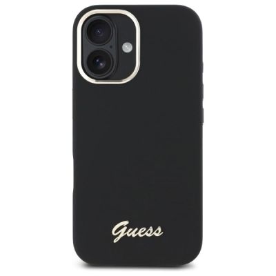 3. Guess Silicone Script Metal Logo & Frame Case for iPhone 16 Plus - Black