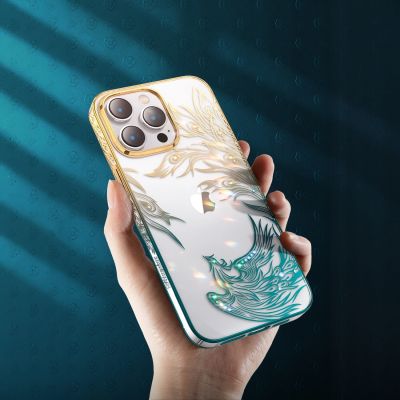 3. Luxury iPhone 14 Pro Case with Kingxbar Phoenix Crystals - Gold and Blue