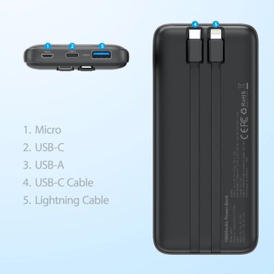 8. Powerbank Choetech B654 10000mAh 22.5W USB-A / USB-C / micro USB with built-in USB-C / Lightning cable - black