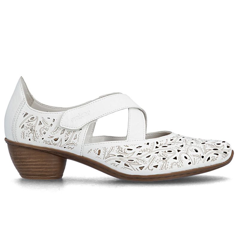 4. Women's leather openwork high-heeled shoes, white, Rieker 43773-80