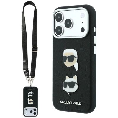 Karl Lagerfeld Saffiano Karl&Choupette Heads Pins Strap Logo Case for iPhone 18 Pro / 17 Pro - Black