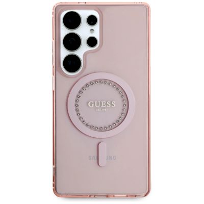 3. Guess Rhinestones Printed Classic Logo MagSafe Samsung Galaxy S25 Ultra Case Pink
