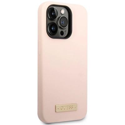 4. Guess Silicone Logo Plate MagSafe Case for iPhone 14 Pro - Pink