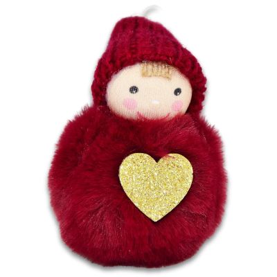 12. DECORATIVE DOLL WITH A HEART 8 CM IN A HAT AND RED FUR