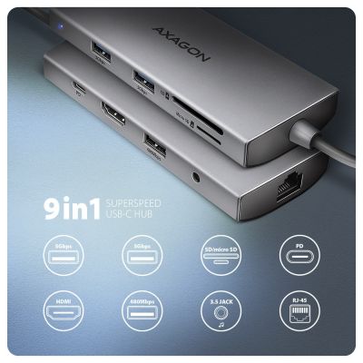 2. AXAGON HMC-8HLSA Multiport Hub USB-C 3.2 Gen 1, 3x USB-A + 4K/60Hz HDMI + SD/microSD, Gigabit LAN, Audio, PD 100W - Silver