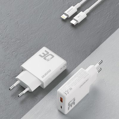 3. GaN Dudao A30EUL 30W USB-A / USB-C Wall Charger + USB-C - Lightning Cable - White