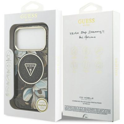 8. Guess IML Glitter Flowers Triangle MagSafe Case for iPhone 17 Pro / 18 Pro - Black