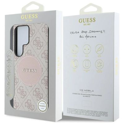 8. Guess 4G Round Patch Classic Logo MagSafe Case for Samsung Galaxy S25 Ultra Pink