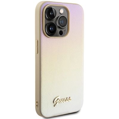 4. Guess Saffiano Iridescent Script case for iPhone 15 Pro - gold
