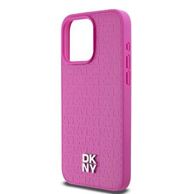 6. DKNY Leather Monogram Pattern Metal Logo MagSafe Case for iPhone 15 Pro Max - Pink