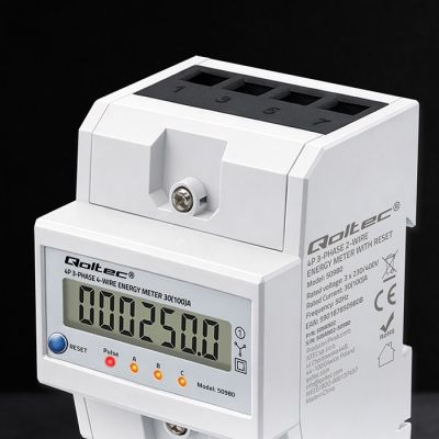 25. Qoltec 50980 Three-phase electronic meter with reset | DIN rail energy meter | 400V | 100A | LCD | LED | 4P