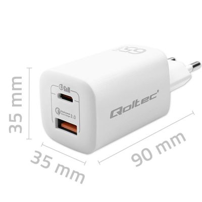 3. QOLTEC 65W GAN ULTRA AC CHARGER | 5-20V | 2.25-3.25A | 1 X USB TYPE C PD | 1 X USB QC 3.0 | WHITE
