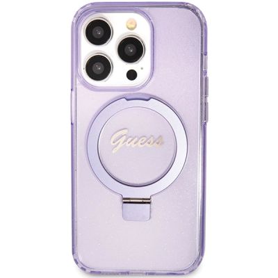 3. Guess Ring Stand Script Glitter MagSafe case for iPhone 15 Pro - purple
