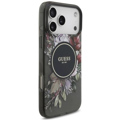 4. Guess IML Flowers Pearl Strap MagSafe Case for iPhone 18 Pro Max / 17 Pro Max – Black