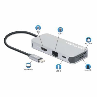 10. MANHATTAN 8-in-1 USB-C Docking Station with USB 3.2 Gen 1 Power Delivery Type-C Male to HDMI Female, Three USB-A Ports, Gigabit RJ45 Port, USB-C Power Delivery Port, SD/MicroSD Card Reader, Aluminum, Space Gray (13061)