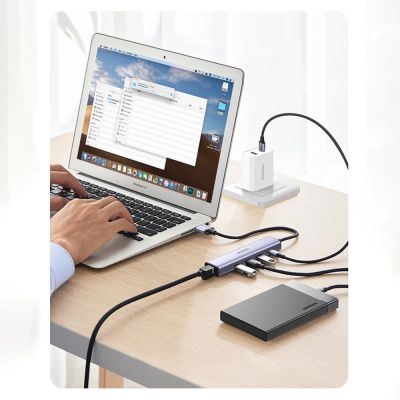 18. Ugreen multifunctional adapter HUB USB 3.0 - 3 x USB / Ethernet RJ-45 / USB Type C PD gray (CM475)