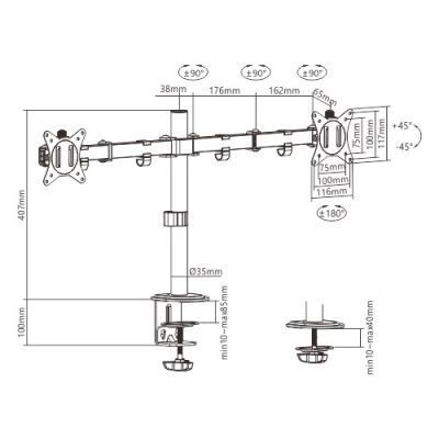 10. GEMBIRD ADJUSTABLE DESK ARM/MOUNT FOR 2 MONITORS 17-32, 100X100MM, UP TO 9KG