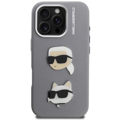 3. Karl Lagerfeld FW Grained Karl & Choupette Heads Pins Case for iPhone 16 Pro Max - Gray
