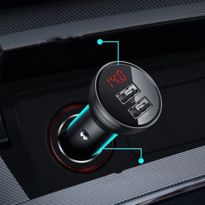 11. Baseus 2x USB 4.8A 24W car charger with LCD + 3in1 cable USB - USB Type C / micro USB / Lightning 1.2m black (TZCCBX-0G)