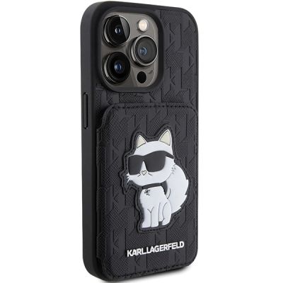 4. Karl Lagerfeld Saffiano Cardslots and Stand Monogram Choupette Case for iPhone 15 Pro - Black