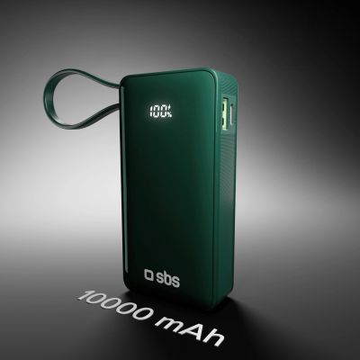 10. Powerbank SBS 10000 mAh 20W with built-in USB-C cable and digital display - green