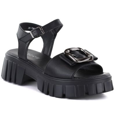 Women's leather sandals on a platform with decoration, black Vinceza 26-79611