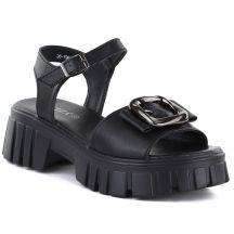 Women's leather sandals on a platform with decoration, black Vinceza 26-79611