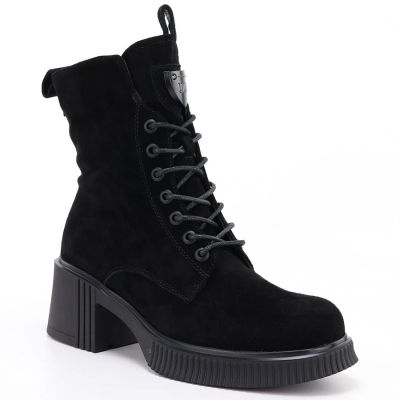 6. Women's leather ankle boots with a block heel and platform, black Vinceza 67009