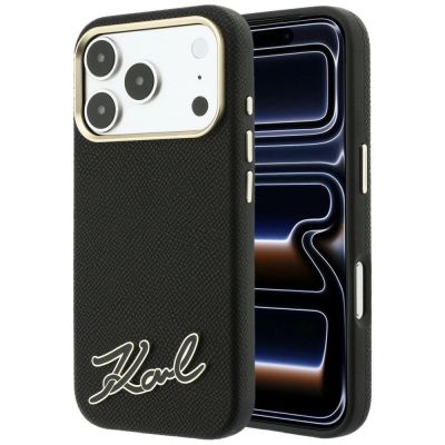 Karl Lagerfeld Grained with Resin Signature Logo MagSafe Case for iPhone 18 Pro / 17 Pro - Black