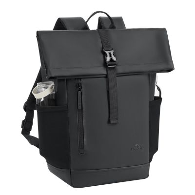 13. Rivacase Eden Backpack Roll-Up Backpack Black Polyester, Waxed Leather (Pull Up)